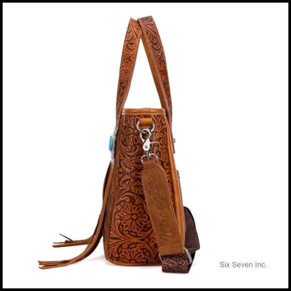 Genuine Hair-On Cowhide Tote Bag with Turquoise Stone Concho - Picture 4 of 7